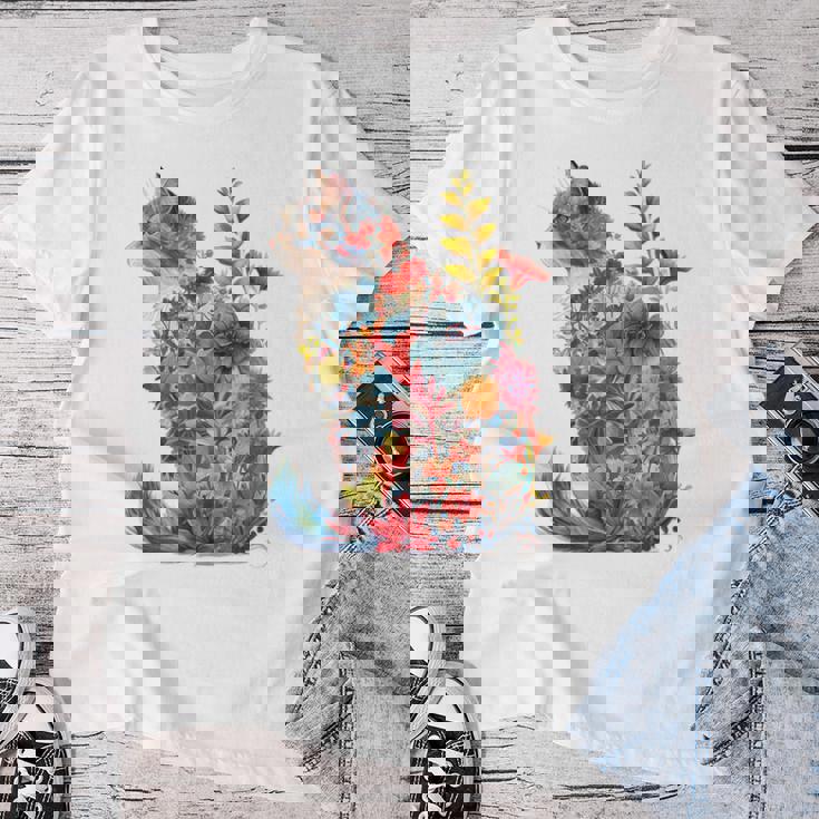 カラフル 花 猫 レディースTシャツ 面白い贈り物