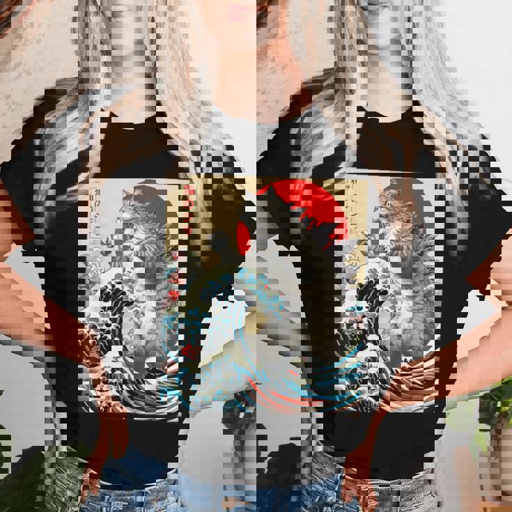 Catzilla Cat 日本アート 面白い猫 ギフト 男性 女性 子供 レディースTシャツ 彼女への贈り物