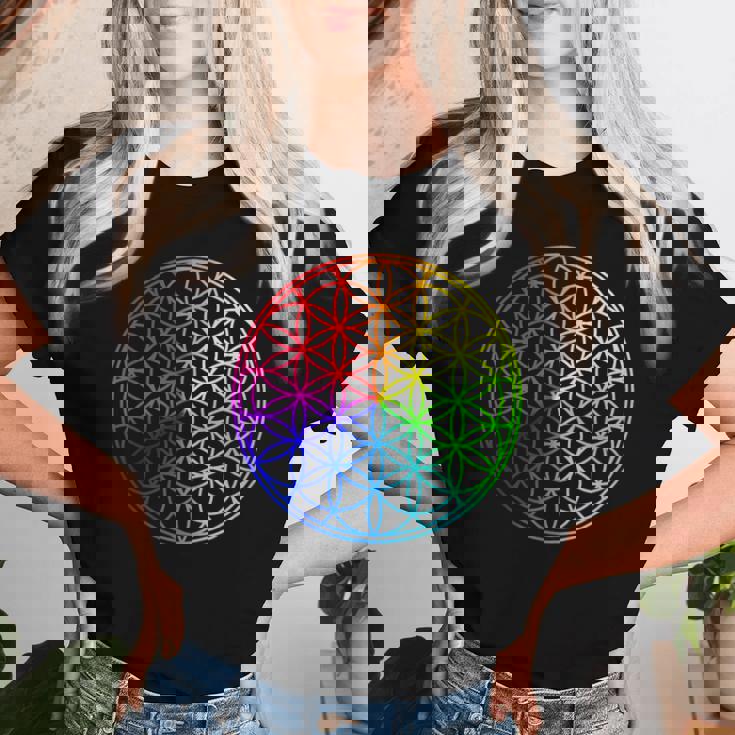 Flower Of Lifeacred Geometry Yogaフラワーオブライフ神聖幾何学瞑想ヨガ レディースTシャツ 彼女への贈り物