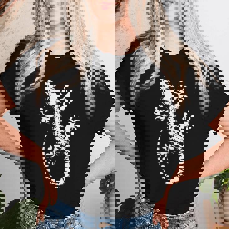 Gecko Dad Mom Lover モノクロ ヤモリ レディースTシャツ 彼女への贈り物