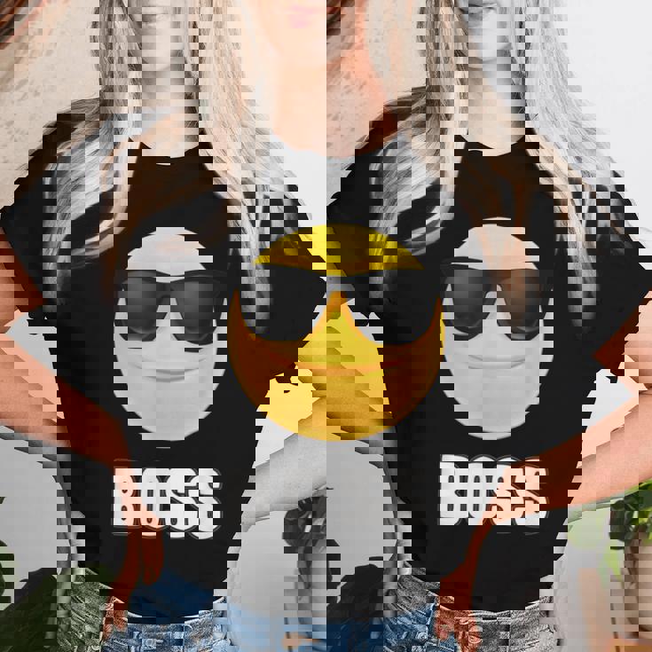 Girl & Boy Boss サングラス 顔文字シャツ クールな顔 レディースTシャツ 彼女への贈り物