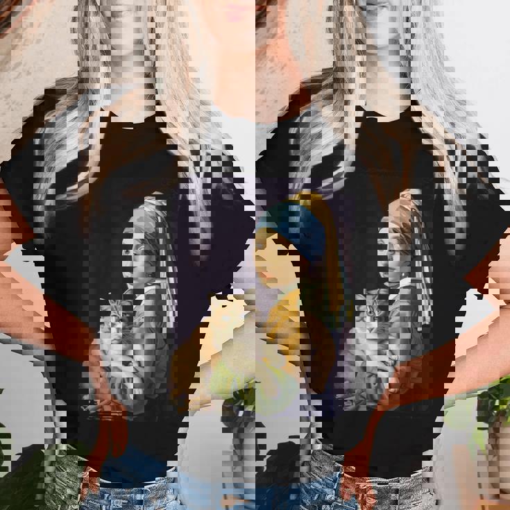 Girl With A Pearl Earring And A Cat 名画パロディ アート猫 レディースTシャツ 彼女への贈り物