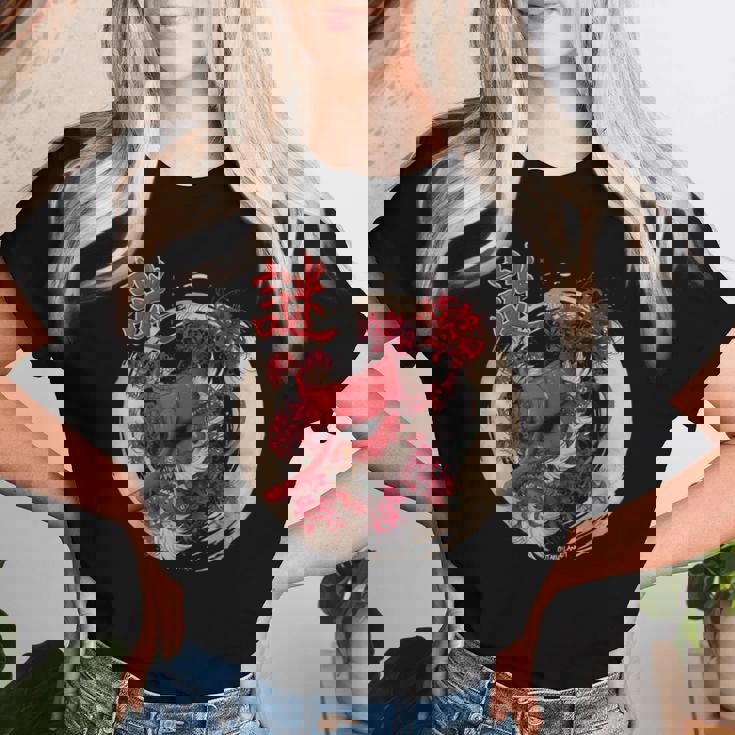 Redpider Lily の 彼岸花 または ヒガンバナ と 日本の天狗の面 の グラフィック レディースTシャツ 彼女への贈り物