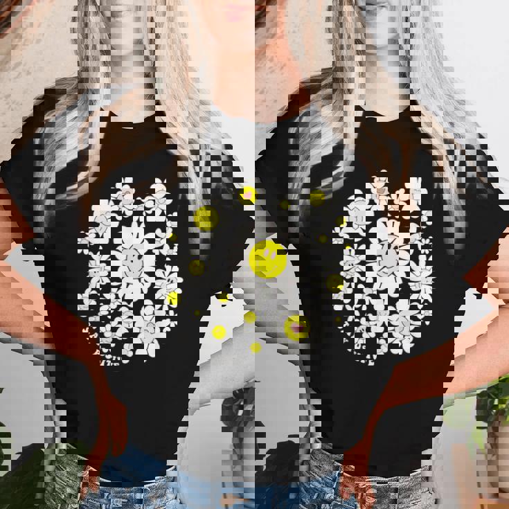 Stay Positive キュート スマイルフェイス 花 ハッピーフェイス 花 女の子 レディースTシャツ 彼女への贈り物