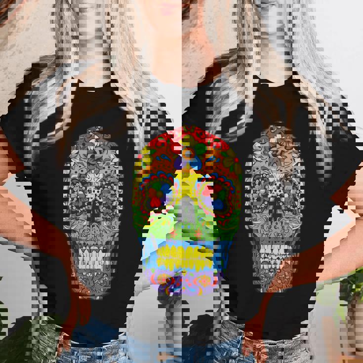 Sugarkull Lgbt Gay Pride Rainbow Flag Day Of The Dead レディースTシャツ 彼女への贈り物