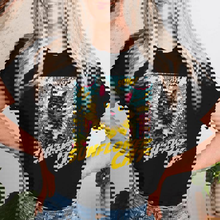 Sunflower Cat 黒猫 ひまわり 向日葵 アメコミ ネタアイテム レディースTシャツ 彼女への贈り物