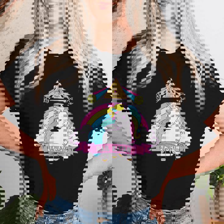 Unicorn Hailatan Devil Death Metal Rainbow Ocult レディースTシャツ 彼女への贈り物