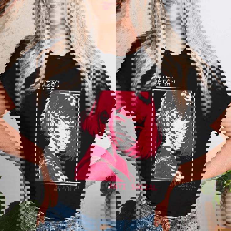 アンチソーシャル アニメ 女の子 マスク付き 漢字テキストaporwave レディースTシャツ 彼女への贈り物