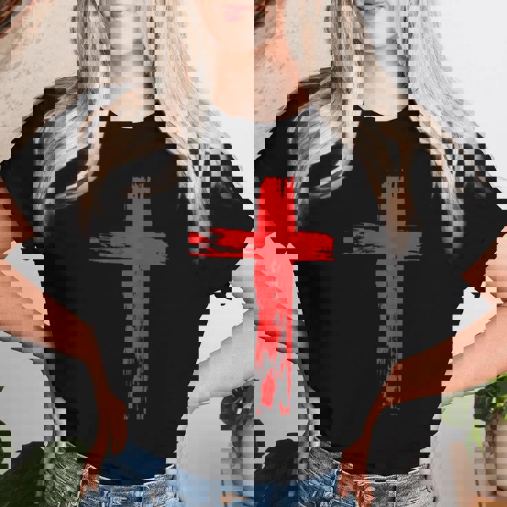 タトゥーレッドクロスオーダー I Christian I Brushtroke I Cross レディースTシャツ 彼女への贈り物