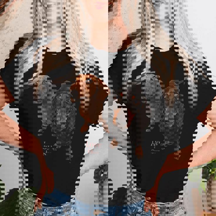 ダックスフントシャツ Weiner Dog Mom Dad Love Doxie Puppy キュート レディースTシャツ 彼女への贈り物