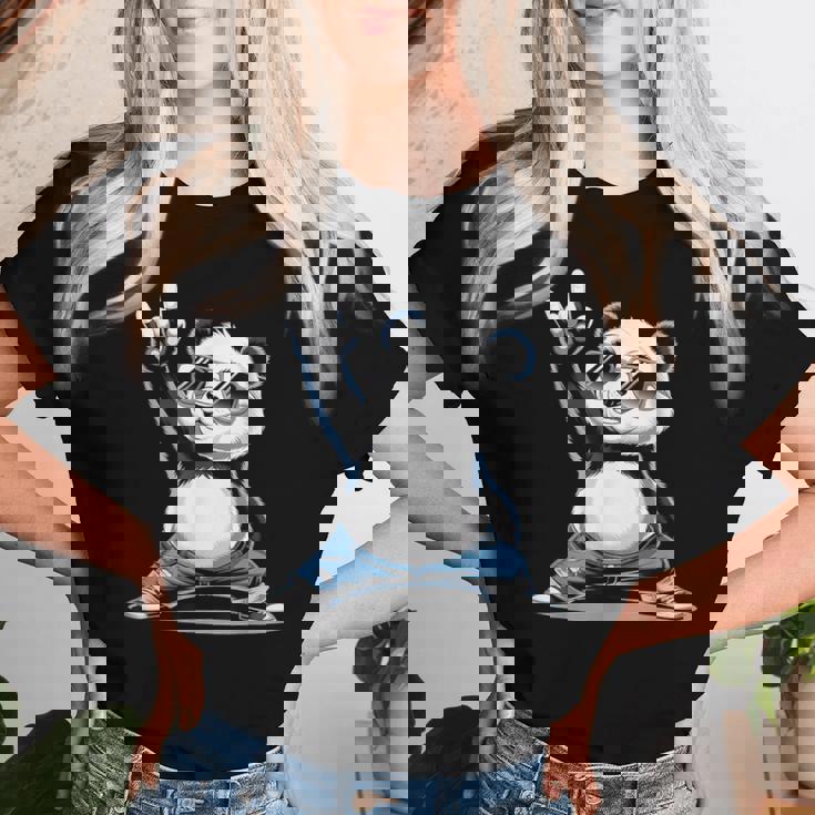 パンダ 熊 ロック 音楽 男性 子供 女性 面白い パンダ レディースTシャツ 彼女への贈り物