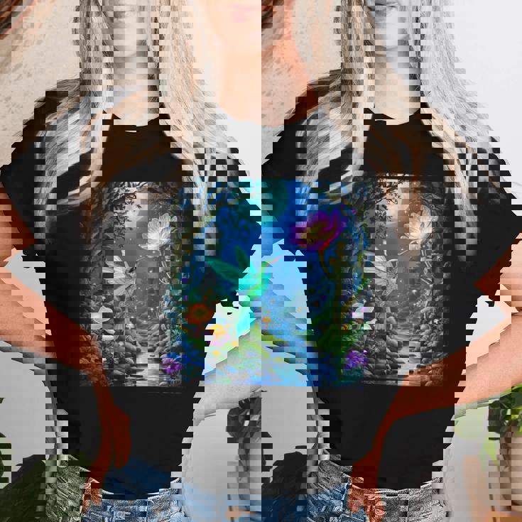 ファンタジー グリーン 鳥 花 レディースTシャツ 彼女への贈り物