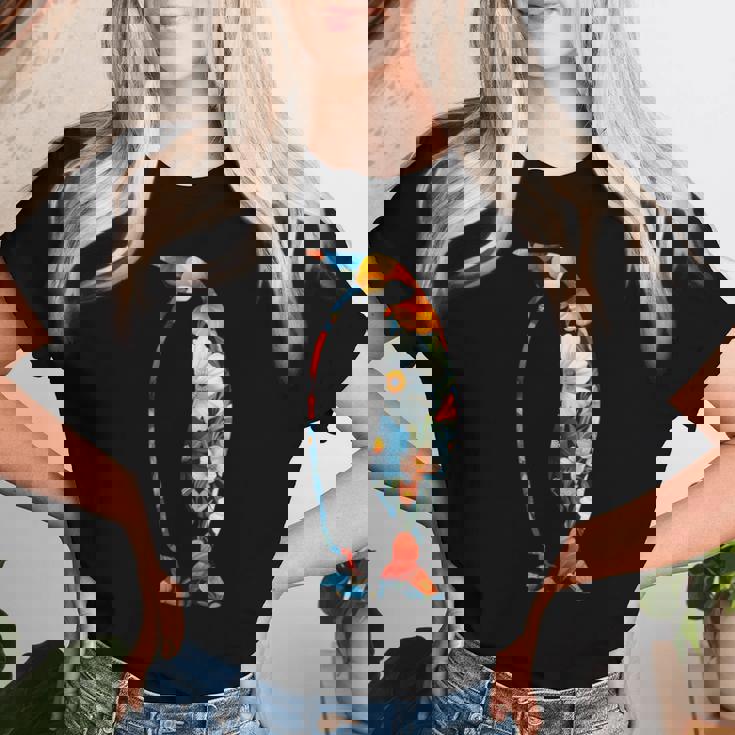 ボタニカルフラワーのシルエット 花柄 ペンギン レディースTシャツ 彼女への贈り物