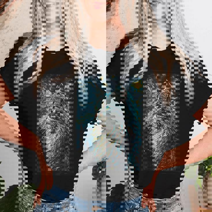 メインクーン 猫 ゴッホ 星月夜 猫好き 猫 お母さん お父さん レディースTシャツ 彼女への贈り物