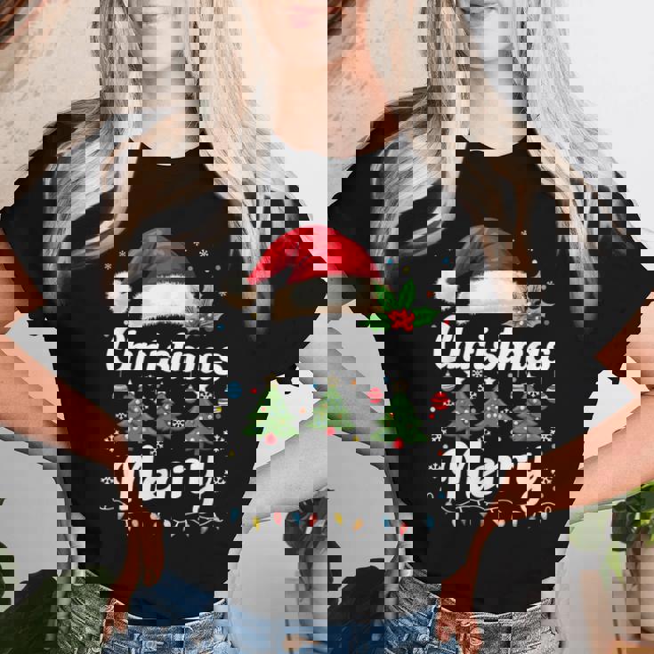 メリークリスマスライト 赤いサンタ帽子 クリスマス ファミリー 男性 女性 レディースTシャツ 彼女への贈り物