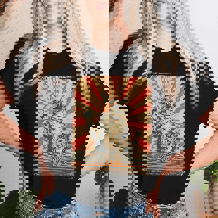 レトロ Dj 猫 ヘッドフォン付き ディスコ 音楽愛好家 男性 女性 キッズ レディースTシャツ 彼女への贈り物