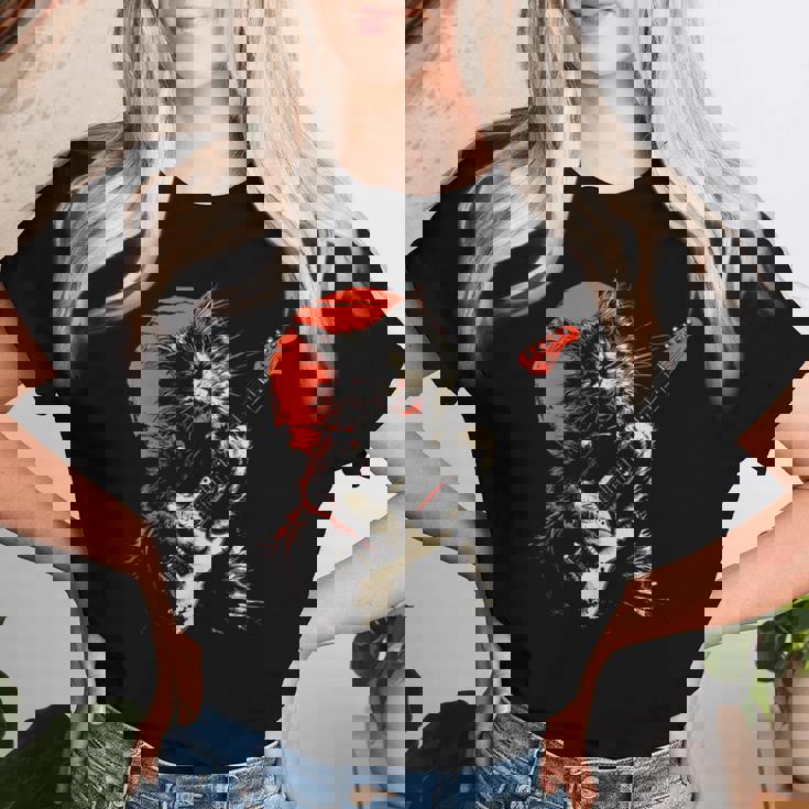 ロックキャット ギターを弾く ファニーキャット エレキギター 男性 女性 レディースTシャツ 彼女への贈り物