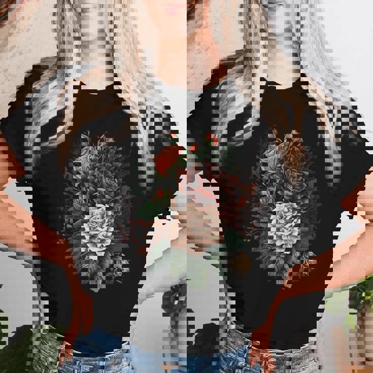 ヴィンテージ 薔薇 花 花 イラスト 花 レディースTシャツ 彼女への贈り物