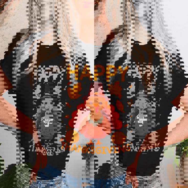 七面鳥の日ファミリーディナーとハッピー感謝祭の男性女性。 レディースTシャツ 彼女への贈り物