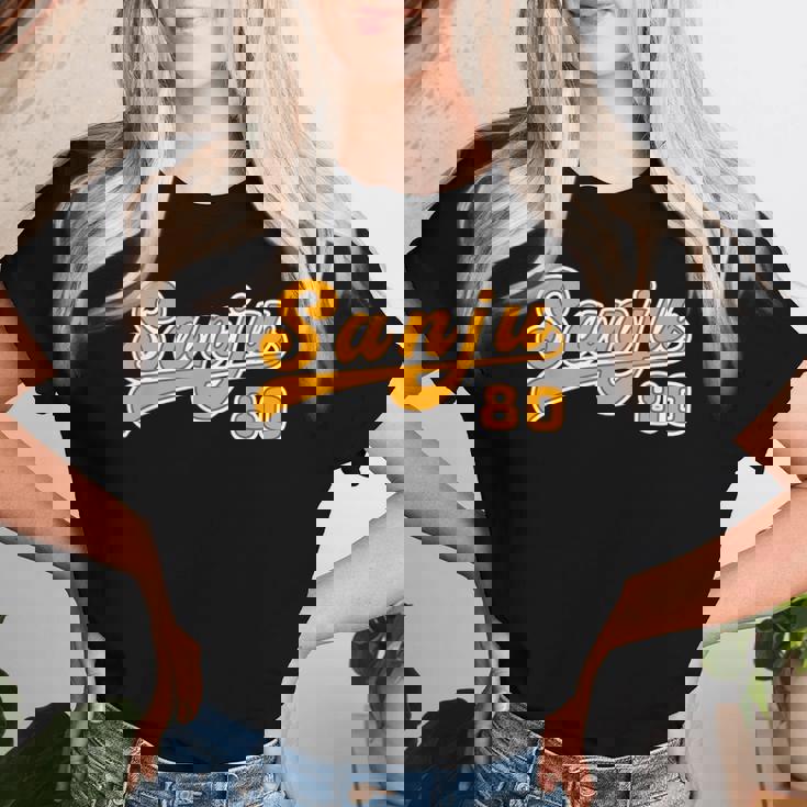 傘寿祝い 野球 野球好き 野球ユニフォーム風anju 文字 父 母 男性 女性 おもしろ 80歳 誕生日 レディースTシャツ 彼女への贈り物