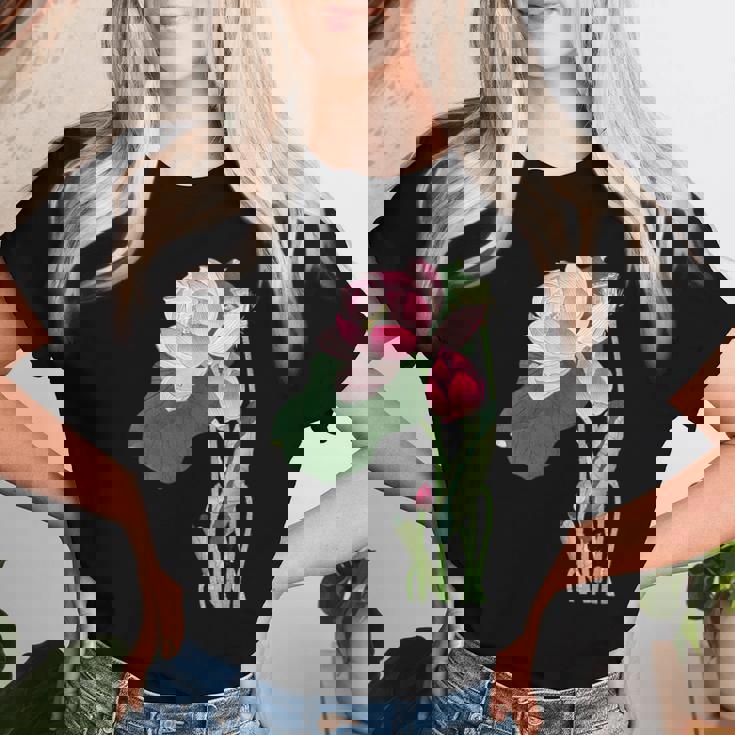 咲く蓮の花 蓮の花 ハス ヴィンテージ 日本美術 小原古邨 新版画 レディースTシャツ 彼女への贈り物