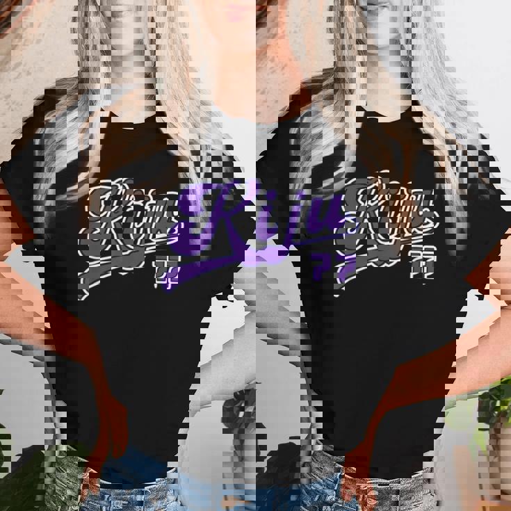 喜寿祝い 野球 野球好き 野球ユニフォーム風 Kiju 文字 父 母 男性 女性 77歳 誕生日 前後プリント レディースTシャツ 彼女への贈り物