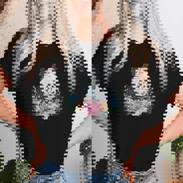 天然花 パンダ アジア動物園 動物 パンダ レディースTシャツ 彼女への贈り物