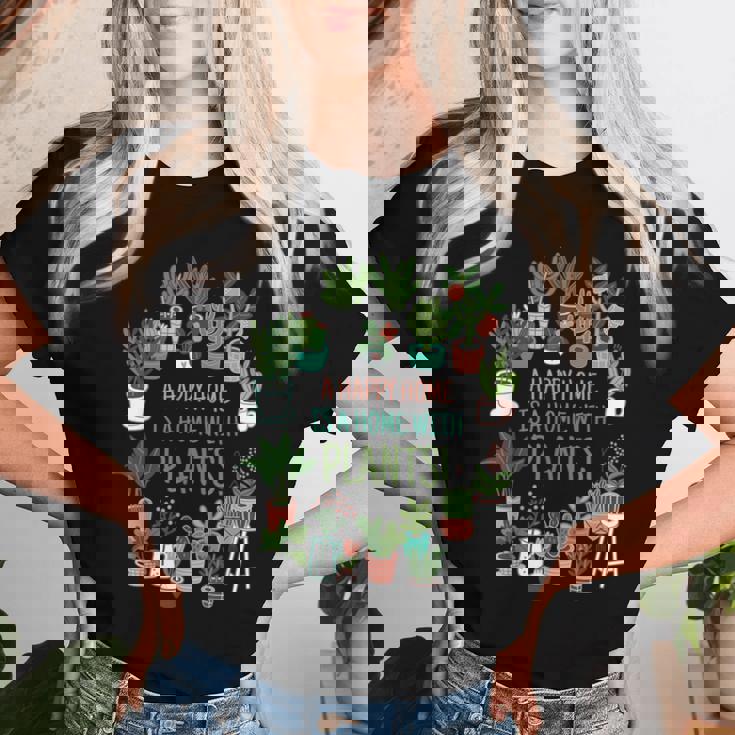 幸せな家は植物のある家です「A Happy Home Is A Home With Plants」- 観葉植物の園芸 レディースTシャツ 彼女への贈り物