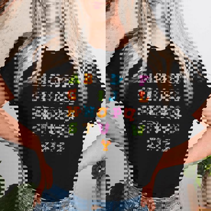 文字 アルファベット 学ぶ Abc 男の子 女の子 Abc 動物 アルファベット レディースTシャツ 彼女への贈り物