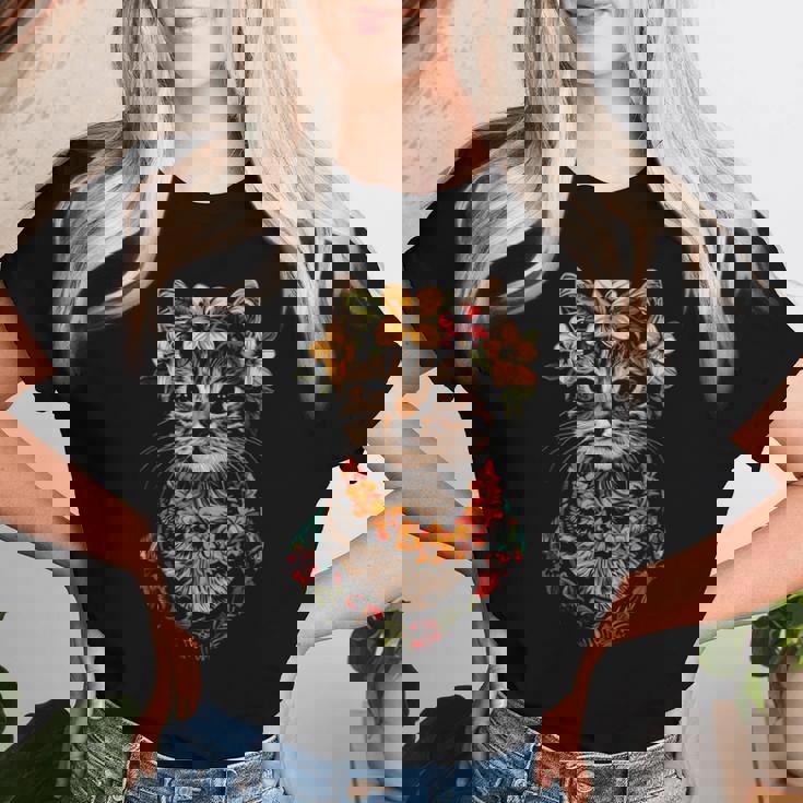 猫 ハワイアン 花 フラ ハイビスカス 面白い かわいい ハワイ レディースTシャツ 彼女への贈り物