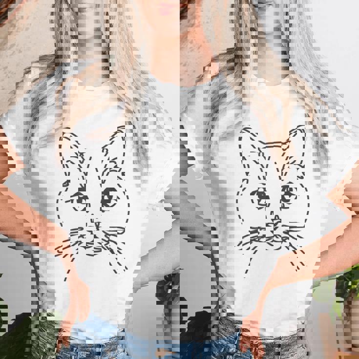 ラインアートお父さんお母さん猫-マンクス猫 レディースTシャツ 彼女への贈り物