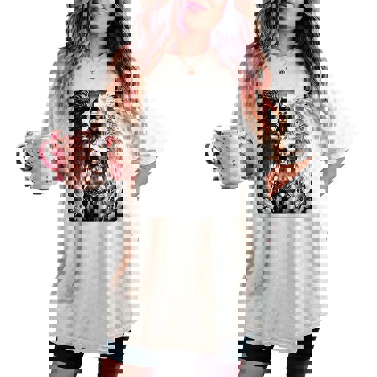 ピンナップガールtシャツ セクシーな天使の悪魔の女の子 B&W バックプリント レディースオーバーサイズコンフォートTシャツ