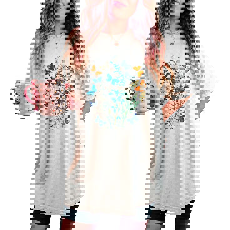 花 蝶々 かわいい フラワー 蝶 アート メンズ レディース 服 母 女性用 おしゃれ レディースオーバーサイズコンフォートTシャツ