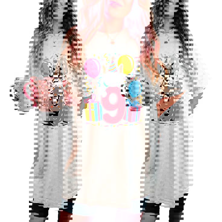 9歳の誕生日 男の子 女の子 9歳 9歳 ボストンテリア 長袖tシャツ レディースオーバーサイズコンフォートTシャツ