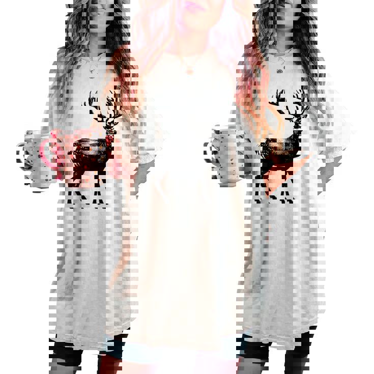 Deer Dad Mom Lover モノクロ 鹿 レディースオーバーサイズコンフォートTシャツ