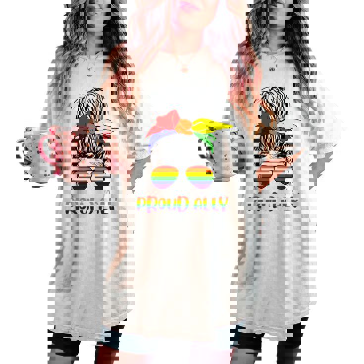 Messy Bun Proud Ally Pride Flag Love Lgbt レインボー サングラス レディースオーバーサイズコンフォートTシャツ