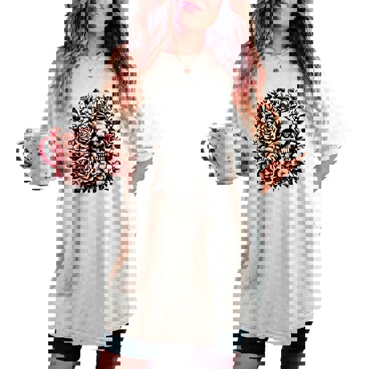 Skull Flower Rad Rock N Roll Graphic Retro レディースオーバーサイズコンフォートTシャツ