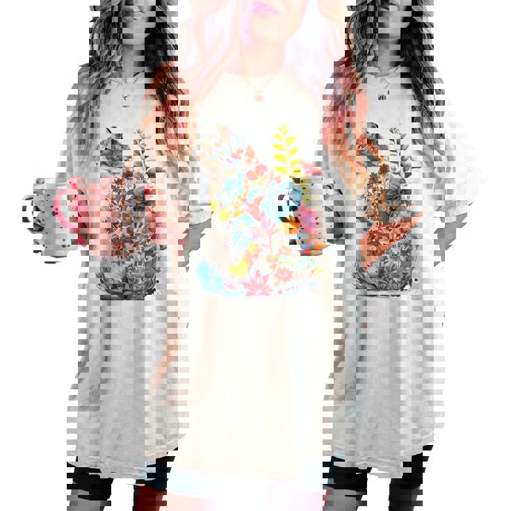 カラフル 花 猫 レディースオーバーサイズコンフォートTシャツ