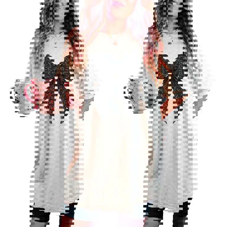 コケット リボン ブラック グレー チーター ヒョウ柄 女の子 ママ レディースオーバーサイズコンフォートTシャツ