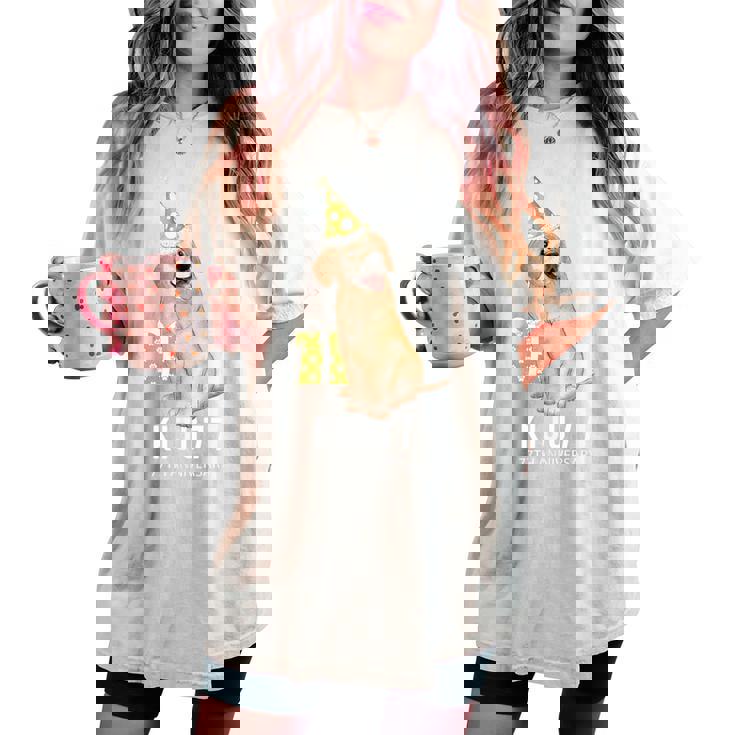 喜寿祝い 犬好き 男性 女性 父 母 喜寿 お祝い 77歳 かわいい 犬 ゴールデンレトリバー おもしろ レディースオーバーサイズコンフォートTシャツ