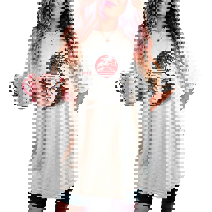 日本の木 赤い月 絵画 日本 夕日 男性 女性 レディースオーバーサイズコンフォートTシャツ