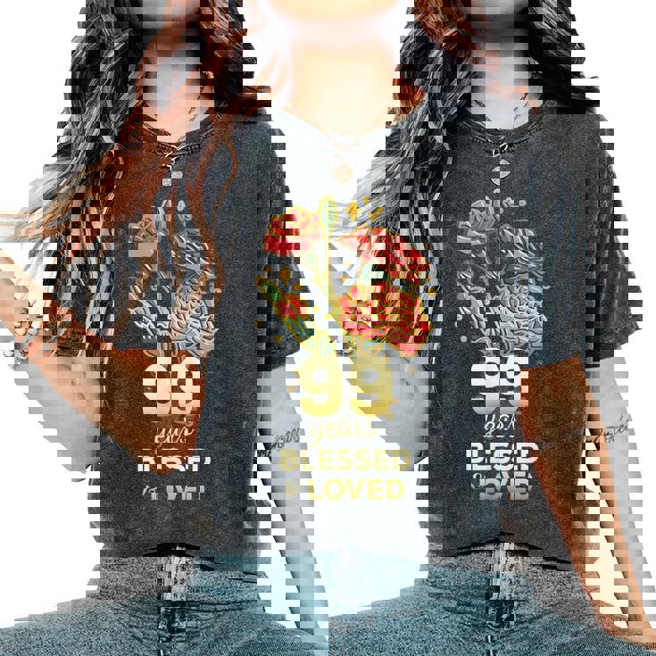 99歳祝福され愛された花 99歳の誕生日お母さんおばあちゃん レディースオーバーサイズコンフォートTシャツ