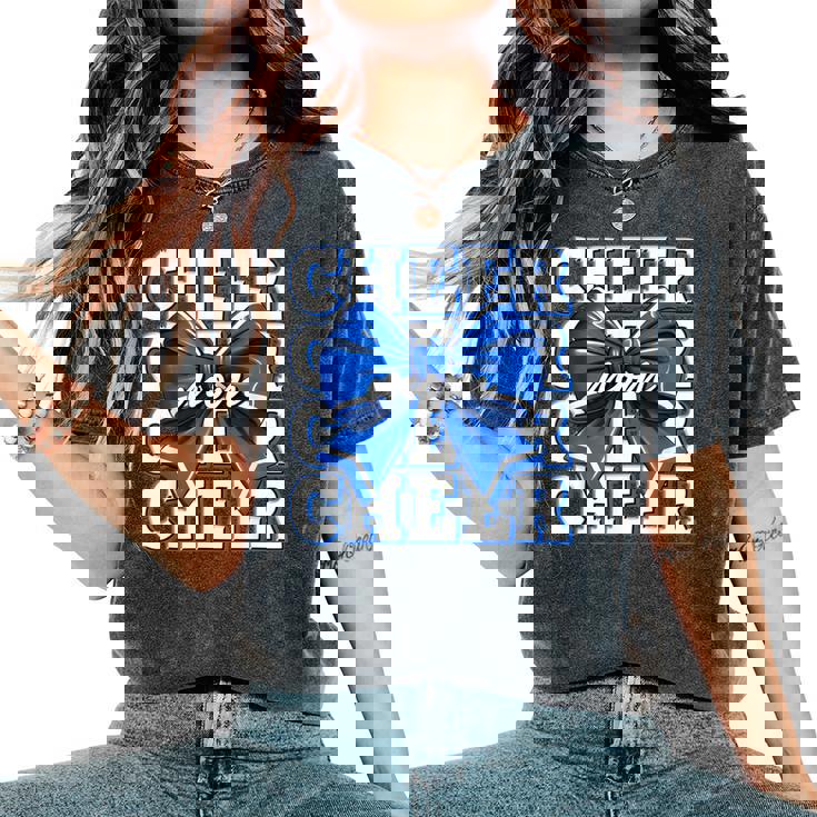 Cheer Mom Blue Bow Cheerleader Competition Game Day Women's Oversized Comfort T-Shirt