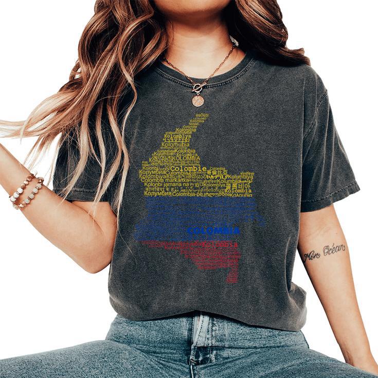 Colombia Mapa Bandera De Colombia Colombia En Idiomas Del Mundo Camiseta extragrande cómoda para mujer