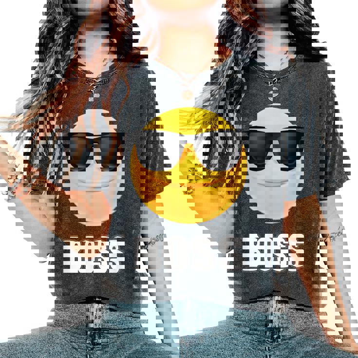 Girl & Boy Boss サングラス 顔文字シャツ クールな顔 レディースオーバーサイズコンフォートTシャツ