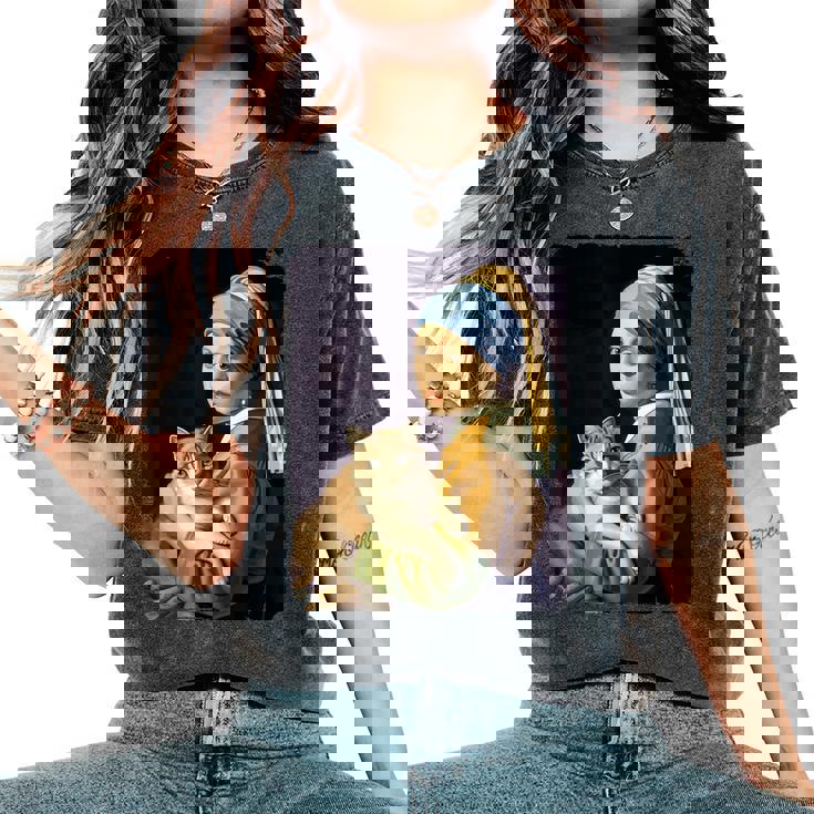 Girl With A Pearl Earring And A Cat 名画パロディ アート猫 レディースオーバーサイズコンフォートTシャツ