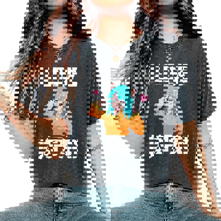 I Love Japan Kawaii Anime Girl Neko Cat Girl Otaku Weeb レディースオーバーサイズコンフォートTシャツ