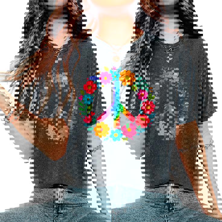 Peace Love Flower Power レトロ ヒッピー コスチューム タイダイ 60年代 70年代 レディースオーバーサイズコンフォートTシャツ