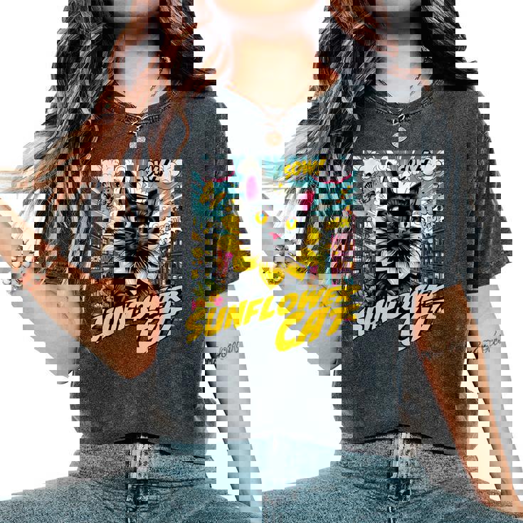 Sunflower Cat 黒猫 ひまわり 向日葵 アメコミ ネタアイテム レディースオーバーサイズコンフォートTシャツ