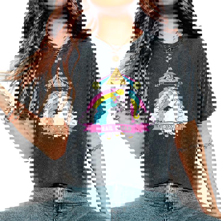 Unicorn Hailatan Devil Death Metal Rainbow Ocult レディースオーバーサイズコンフォートTシャツ